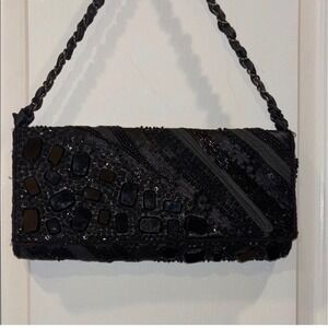Chicos Black‎ Beaded Gem Embellished Clutch Evening Bag Chain Strap